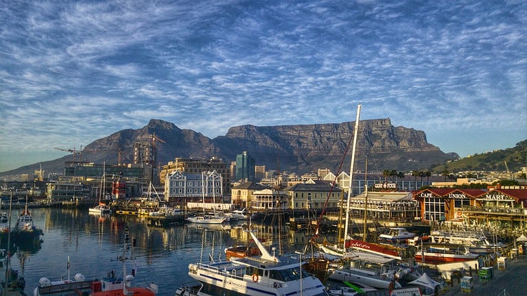 View of Table Mountain from the water's edge in Victoria and Alfred Waterfront