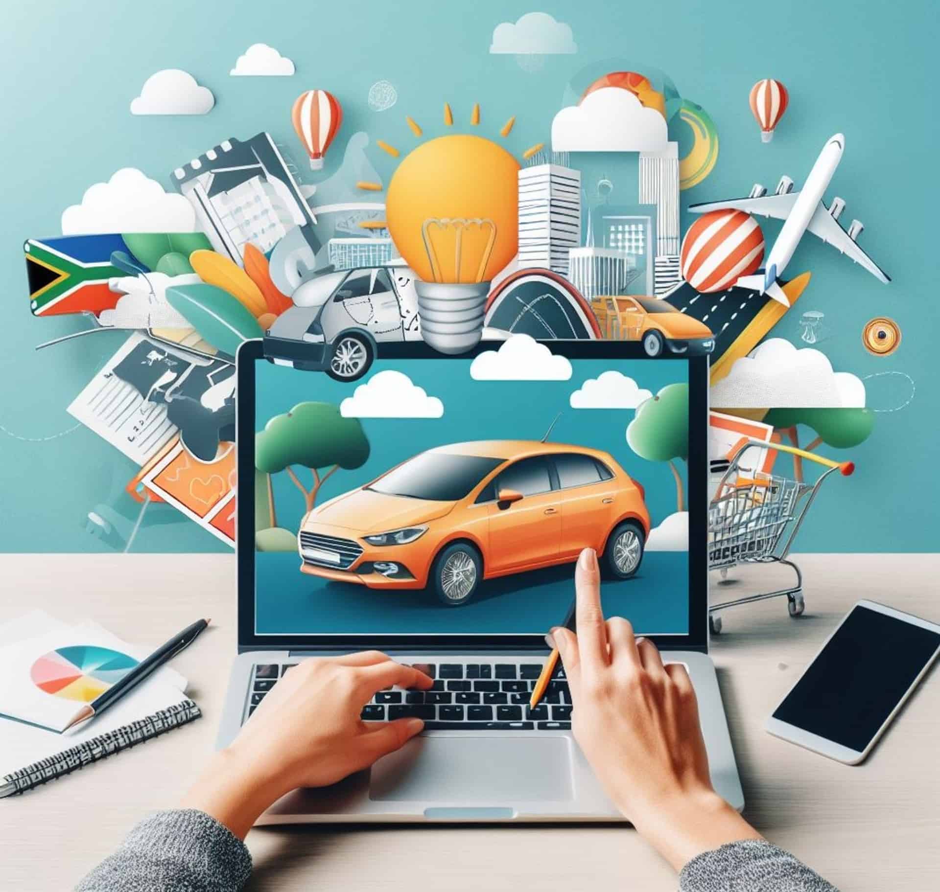 Computer with a rental car and South African flag